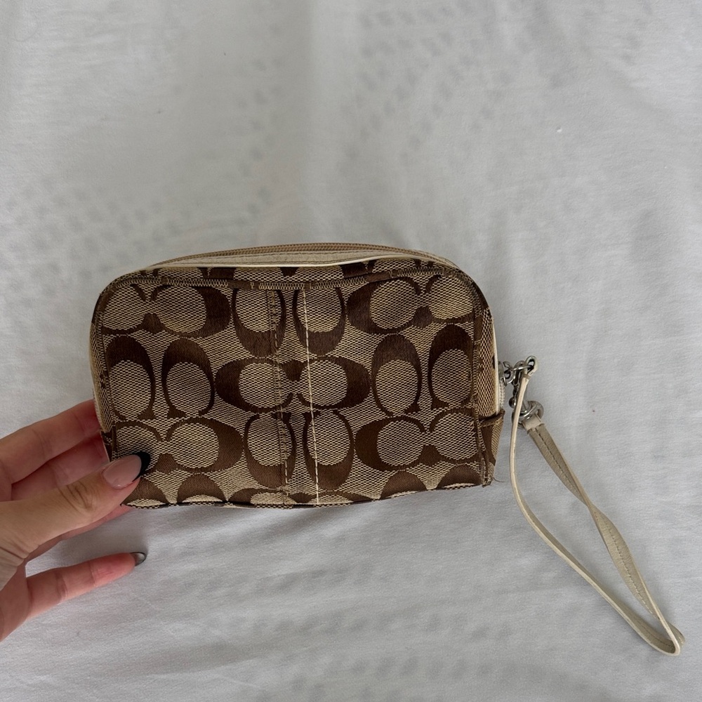 Coach Signature Brown and Cream Wristlet